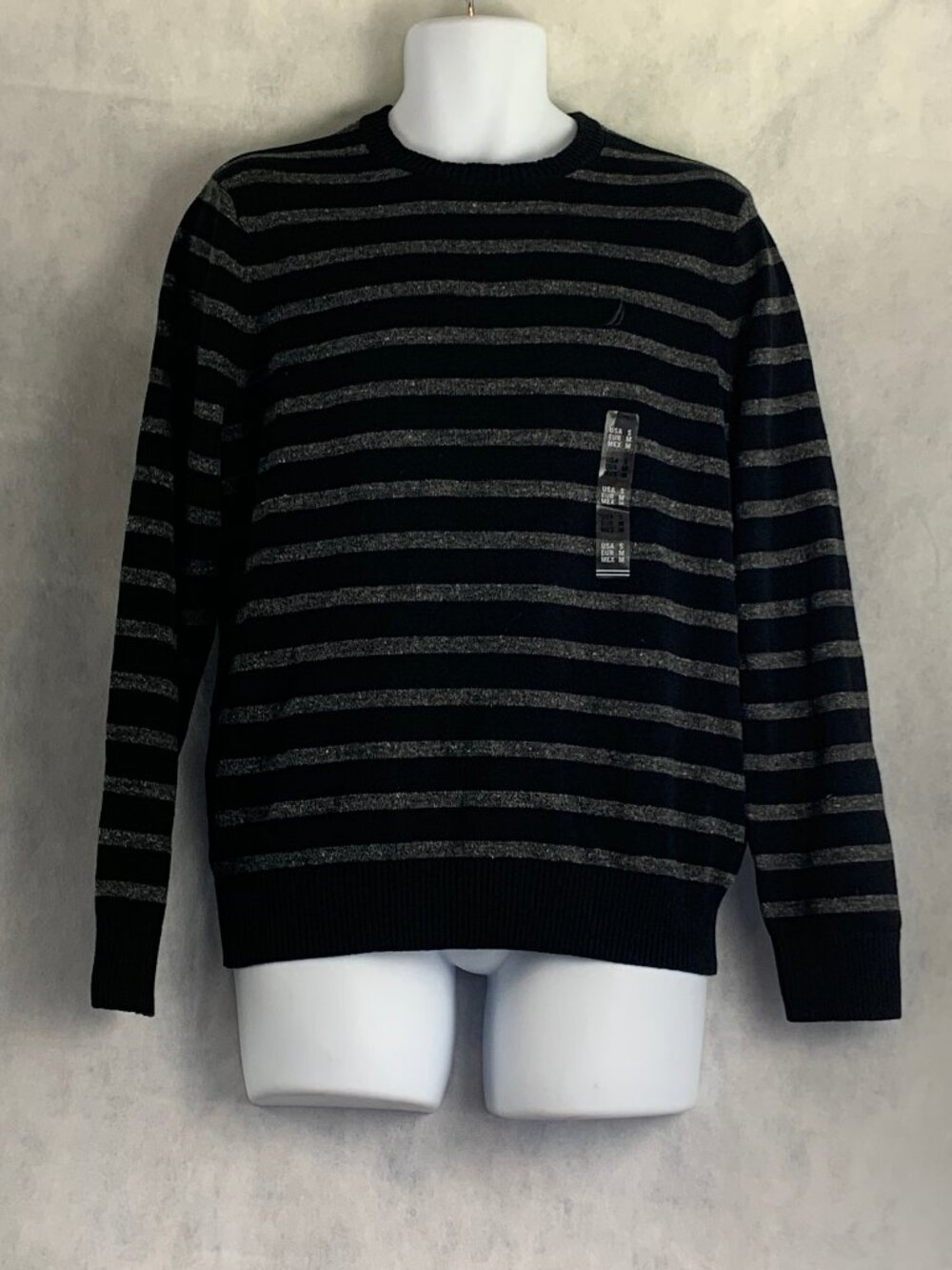 Nautica Men's Wide-Stripe Crewneck Pullover Sweater, Black Gray, Small